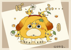 Rule 34 | animal focus, blue eyes, blush, blush stickers, border, brown background, bud, closed eyes, collar, colored skin, commentary request, countdown, crossed arms, dog, floppy ears, flower, grey border, leaf, leg up, lightning bolt symbol, looking at viewer, nintendo, no humans, no mouth, oatchi (pikmin), parted lips, pikmin (creature), pikmin (series), pikmin 4, pointy ears, red collar, shadow, sitting on animal, speech bubble, straight-on, two-tone background, usuba (hatomugip), white background, white flower, yellow fur, yellow pikmin, yellow skin