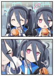 Rule 34 | &gt; &lt;, &lt;key&gt; (blue archive), 2girls, :o, :t, aris (blue archive), black hair, black hairband, blue archive, blue necktie, blush, burger, closed eyes, closed mouth, collared shirt, eighth note, flying sweatdrops, food, food on face, guriin, hair between eyes, hairband, halo, highres, holding, holding food, jacket, long hair, long sleeves, multiple girls, musical note, necktie, notice lines, one side up, open mouth, puffy long sleeves, puffy sleeves, purple eyes, shirt, smile, upper body, wavy mouth, white jacket, white shirt