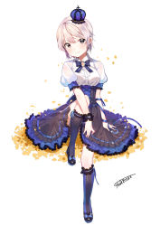 Rule 34 | 1girl, absurdres, bad id, bad pixiv id, black eyes, black socks, blue ribbon, crown, dr poapo, dress, highres, looking at viewer, mini crown, original, ribbon, short hair, signature, silver hair, simple background, sitting, smile, socks, solo, white background, wrist cuffs