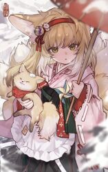 Rule 34 | 1girl, alternate costume, animal, animal ear fluff, animal ears, arknights, bell, blonde hair, commentary, fox, fox ears, from above, green eyes, hair bell, hair ornament, hairband, highres, holding, holding animal, holding umbrella, japanese clothes, kimono, kitsune, kyuubi, multiple tails, official alternate costume, oil-paper umbrella, parted lips, pink kimono, red hairband, red umbrella, solo, standing, suzuran (arknights), suzuran (yukibare) (arknights), symbol-only commentary, tail, umbrella, yipingtaopuzi
