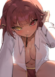 Rule 34 | 1girl, absurdres, blush, breasts, cleavage, commentary, food in mouth, hair ornament, tucking hair, heterochromia, highres, hololive, hololive fantasy, houshou marine, kouhiipan, large breasts, looking at viewer, medium hair, navel, no bra, open clothes, open shirt, pocky, pocky day, pocky in mouth, red hair, simple background, solo focus, virtual youtuber