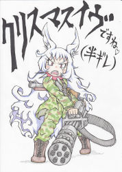 Rule 34 | 1girl, absurdres, animal ears, brown footwear, camouflage, camouflage pants, collar, commentary request, dog child (doitsuken), dog ears, doitsuken, fang, frown, gatling gun, green jacket, green pants, grenade launcher, gun, highres, holding, holding gun, holding weapon, jacket, long hair, open mouth, original, pants, red eyes, silver hair, slit pupils, solo, spiked collar, spikes, tears, traditional media, translation request, very long hair, vest, weapon