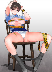 Rule 34 | 1girl, arms up, brown eyes, brown hair, buttons, caution tape, chair, clothes lift, collared shirt, cuffs, gradient background, grey pantyhose, handcuffs, highres, legs, looking at viewer, mibu natsuki, open clothes, open shirt, original, panties, pantyhose, pantyhose around legs, police, police uniform, policewoman, shirt, short hair, simple background, sitting, skirt, skirt lift, solo, thighs, underwear, uniform