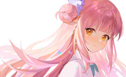 Rule 34 | 1girl, absurdres, blue archive, blue bow, blush, bow, closed mouth, commentary, flower, hair bun, hair flower, hair ornament, hair ribbon, highres, long hair, looking at viewer, mika (blue archive), pink hair, print capelet, purple flower, ribbon, simple background, single side bun, smile, solo, white background, white ribbon, yaxiya, yellow eyes