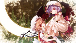 Rule 34 | 2girls, bat wings, blonde hair, dress, fang, female focus, flandre scarlet, hand in own hair, instrument, k2pudding, looking at viewer, multiple girls, music, open mouth, pink dress, playing instrument, playing piano, puffy short sleeves, puffy sleeves, purple hair, red dress, red eyes, remilia scarlet, sash, shirt, short sleeves, siblings, silver hair, sisters, smile, touhou, wings, wrist cuffs