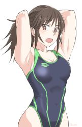 Rule 34 | 1girl, armpits, arms behind head, arms up, blue one-piece swimsuit, blush, breasts, bright pupils, brown eyes, brown hair, cleavage, commentary, competition swimsuit, ei (akinosakae), girls und panzer, hair up, highleg, highleg swimsuit, light blush, long hair, looking at viewer, medium breasts, murakami (girls und panzer), one-hour drawing challenge, one-piece swimsuit, open mouth, ponytail, raised eyebrows, simple background, solo, standing, swimsuit, twitter username, white background, white pupils