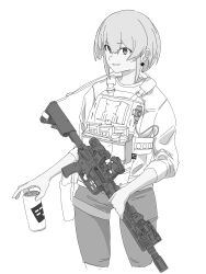 Rule 34 | 1girl, absurdres, can, commentary request, greyscale, gun, hair between eyes, highres, holding, holding can, holding gun, holding weapon, looking away, monochrome, original, pants, shirt, sidelocks, simple background, smile, solo, soutou nagi, weapon, weapon request, white background