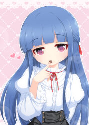 Rule 34 | 1girl, black skirt, blue hair, blunt bangs, candy, chocolate, chocolate heart, commentary request, food, food in mouth, heart, highres, hosizora mikoto, idolmaster, idolmaster cinderella girls, long hair, long sleeves, looking at viewer, neck ribbon, pink background, red eyes, red ribbon, ribbon, sajo yukimi, shirt, sidelocks, skirt, solo, white shirt