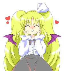 Rule 34 | 1girl, :d, ^ ^, alternate hairstyle, bat wings, big hair, bow, bowtie, buttons, center frills, closed eyes, detached wings, frills, grey bow, grey bowtie, grey skirt, hair ribbon, hands up, heart, kurumi (touhou), long hair, long sleeves, mini wings, nonamejd, official style, open mouth, puffy long sleeves, puffy sleeves, purple wings, ribbon, shirt, simple background, skirt, smile, solo, straight-on, touhou, touhou (pc-98), twintails, very long hair, white background, white ribbon, white shirt, wings, zun (style)