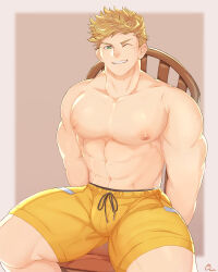 Rule 34 | 1boy, abs, absurdres, artist name, bara, blonde hair, chair, commission, granblue fantasy, green eyes, highres, large pectorals, male focus, male swimwear, muscular, muscular male, navel, nipples, official alternate costume, one eye closed, pectorals, rapbitan, short hair, simple background, sitting, smile, solo, teeth, thick thighs, thighs, topless male, vane (granblue fantasy), vane (summer) (granblue fantasy), yellow male swimwear