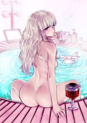 Rule 34 | 1girl, arm support, ass, blonde hair, breasts, cigarette, completely nude, creature, from behind, hair down, highres, holding, holding cigarette, hot tub, long hair, looking at viewer, looking back, machigatta ko wo mahou shoujo ni shite shimatta, majiba kayo, nude, official art, puckered lips, purple eyes, sideboob, sitting, small breasts, smoking, soap dispenser, souryu, spread legs, tablet pc, water, wet