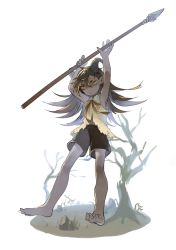 Rule 34 | 1boy, androgynous, armpits, arms up, barefoot, brown hair, feet, highres, holding, holding polearm, holding weapon, horns, long hair, male focus, original, polearm, shorts, sleeveless, solo, spear, tensen (dotted line), toes, weapon, white background, yellow eyes