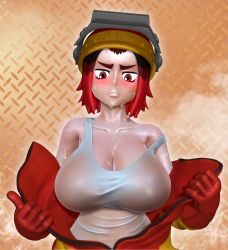 Rule 34 | 1girl, 3d, artist request, bare shoulders, blush, breasts, cleavage, creatures (company), female focus, game freak, helmet, highres, huge breasts, nintendo, pokemon, pokemon tcg, red eyes, red hair, short hair, solo, steam, sweat, tank top, thick eyebrows, upper body, welder (pokemon)