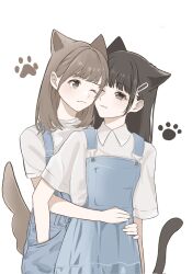Rule 34 | 2girls, animal ears, blue overalls, brown eyes, brown hair, cat ears, cat tail, closed mouth, cowboy shot, dog ears, dog girl, dog tail, extra ears, hand in another&#039;s pocket, highres, hug, hug from behind, kemonomimi mode, liyuu, looking at another, love live!, love live! superstar!!, multiple girls, one eye closed, overalls, payton naomi, real life, shirt, short sleeves, sidelocks, standing, swept bangs, tail, white background, white shirt, yeyep0911, yuri
