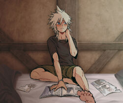 Rule 34 | 1boy, aged down, alternate costume, barefoot, bedroom, black shirt, blanket, blonde hair, blue eyes, blush, bracelet, brown shorts, cloud strife, cloudcloudcloud, commentary, day, embarrassed, english commentary, final fantasy, final fantasy vii, foreshortening, full body, hand on own neck, hand up, implied yaoi, indoors, jewelry, long hair, looking to the side, magazine (object), male focus, on bed, paper, parted lips, photo (object), sephiroth, shirt, shorts, solo focus, spiked hair, sweat, t-shirt