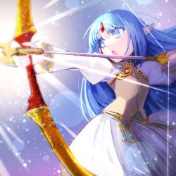 1girl absurdres aiming arrow_(projectile) blue_eyes blue_hair bow_(weapon) breasts commentary_request dress forehead_jewel highres hinomoto_madoka holding holding_arrow holding_bow_(weapon) holding_weapon kalar_(race) long_hair long_sleeves open_mouth pointy_ears rance_(series) reset_kalar small_breasts solo weapon white_dress