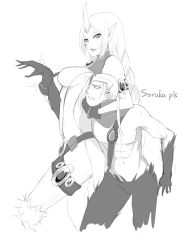 Rule 34 | 1boy, 1girl, braid, breasts, cropped legs, greyscale, headlock, height difference, highres, horns, jewelry, kumiko shiba, large breasts, league of legends, long hair, lots of jewelry, monochrome, pain, sideboob, single braid, single horn, size difference, soraka (league of legends), varus