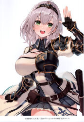 Rule 34 | 1girl, absurdres, armor, belt, belt pouch, blush, braid, breastplate, breasts, fingerless gloves, gauntlets, gloves, gold trim, green eyes, grey hair, hand up, highres, hololive, jewelry, large breasts, looking at viewer, open mouth, overskirt, pleated skirt, pouch, puffy sleeves, scan, shirogane noel, shirogane noel (1st costume), shoulder armor, simple background, skirt, teeth, tiara, upper body, upper teeth only, virtual youtuber, watao, white background