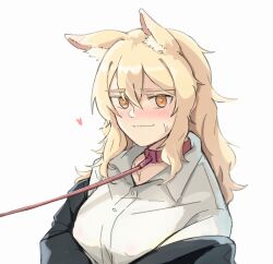 Rule 34 | 1girl, absurdres, animal ear fluff, animal ears, arknights, blonde hair, blush, breasts, collar, extra ears, hair between eyes, heart, highres, horse ears, horse girl, jacket, large breasts, leash, long hair, long sleeves, looking at viewer, nearl (arknights), open clothes, orange eyes, seung-aeja, shirt, simple background, smile, solo, sweatdrop, upper body, white background, white shirt