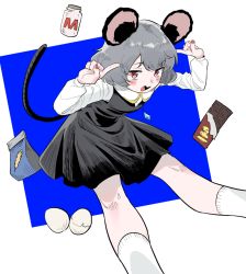 Rule 34 | 1girl, animal ears, blue background, blush, bottle, candy, capelet, chocolate, chocolate bar, commentary, cookie (touhou), crystal, dress, egg, feet out of frame, flour, food, frogsnake, grey dress, grey hair, jewelry, long sleeves, looking at viewer, milk bottle, mouse ears, mouse girl, mouse tail, nazrin, nyon (cookie), open mouth, pendant, pointing, pointing at self, red eyes, shirt, short hair, simple background, smile, socks, solo, tail, touhou, two-tone background, white background, white capelet, white shirt, white socks