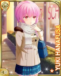 Rule 34 | 1girl, bag, blue bow, blue skirt, bow, bowtie, braid, braided ponytail, card (medium), coat, day, girlfriend (kari), hair ornament, hair scrunchie, hanafusa yuki, handbag, official art, open mouth, outdoors, pink hair, plaid, plaid skirt, ponytail, qp:flapper, red eyes, scarf, school uniform, scrunchie, shirt, shoes, skirt, solo, standing, storefront, sweater, sweater vest, tagme, thighhighs, white shirt, winter clothes, winter coat, yellow sweater