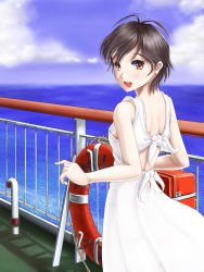 Rule 34 | 1girl, :d, antenna hair, black hair, blush, cloud, day, dress, from behind, highres, looking at viewer, looking back, ocean, open mouth, original, phazer, railing, red eyes, short hair, sky, smile, solo