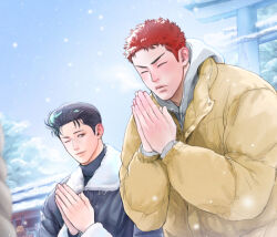 Rule 34 | 2boys, black hair, closed eyes, coat, cold, day, looking at another, male focus, mito youhei, multiple boys, nongnol234, one eye closed, outdoors, own hands together, pompadour, praying, red hair, sakuragi hanamichi, short hair, shrine, slam dunk (series), snow, snowing, upper body, winter, winter clothes, winter coat