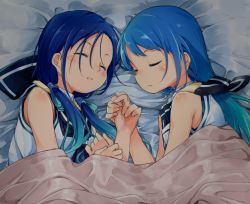 Rule 34 | 10s, 2girls, bed, blue hair, kantai collection, low twintails, multiple girls, oge (ogeogeoge), samidare (kancolle), sleeping, suzukaze (kancolle), twintails