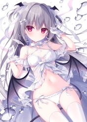 Rule 34 | 1girl, bare shoulders, bikini, black wings, bow, breasts, comiket 102, commentary request, demon girl, demon tail, demon wings, frilled bikini, frills, gloves, grey hair, grey wings, hair between eyes, hair bow, hair intakes, hands up, hasune, head wings, highres, navel, original, red eyes, small breasts, solo, swimsuit, tail, thighhighs, two side up, water drop, white background, white bikini, white bow, white gloves, white thighhighs, wings