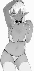 Rule 34 | 3:, absurdres, arm up, armpits, bdsm, bikini, blush, breasts, cleavage, closed mouth, collar, commentary request, contrapposto, cowboy shot, dark-skinned female, dark elf, dark skin, elf, grain, greyscale, highres, large breasts, long hair, looking at viewer, monochrome, navel, original, pointy ears, side-tie bikini bottom, simple background, slave, solo, strap slip, string bikini, swimsuit, thighhighs