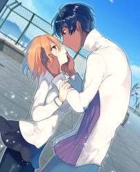 Rule 34 | 1boy, 1girl, arjuna (fate), black hair, chain-link fence, dark skin, dark-skinned male, fate/grand order, fate (series), fence, fujimaru ritsuka (female), hands on another&#039;s face, height difference, imminent kiss, looking at another, short hair, u 928