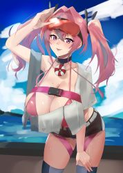 Rule 34 | 1girl, absurdres, azur lane, bare shoulders, belt, bikini, black shorts, blue sky, blush, breasts, bremerton (azur lane), choker, cleavage, collarbone, crop top, crop top overhang, goggles, goggles on head, grey thighhighs, hair intakes, hair ornament, highres, huge breasts, kasumi saika, long hair, looking at viewer, mole, mole on breast, multicolored hair, pink bikini, pink eyes, pink hair, revision, shirt, short shorts, shorts, sidelocks, sky, smile, solo, streaked hair, swimsuit, thighhighs, thighs, tongue, tongue out, twintails, white shirt