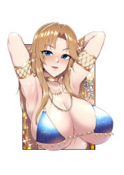 Rule 34 | 1girl, armpits, arms behind head, bikini, bikini top only, blue eyes, breasts, cleavage, collarbone, highres, idolmaster, idolmaster cinderella girls, large breasts, light brown hair, matsumoto sarina, open mouth, sian, smile, solo, swimsuit, upper body