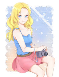 Rule 34 | 1girl, bare shoulders, belt, blonde hair, blue shirt, camera, closed mouth, green eyes, haley (stardew valley), highres, invisible chair, long hair, man yu yuhu, miniskirt, pink lips, red skirt, shirt, sitting, skirt, stardew valley, strap slip, tank top, wavy hair