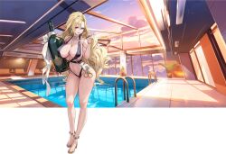 Rule 34 | 1girl, anklet, armlet, bag, bikini, black bikini, blonde hair, bottle, bracelet, breasts, bust cup, chain, chain necklace, cleavage, cloud, cloudy sky, collarbone, covered erect nipples, cuffs, cup, deck chair, earrings, fern, full body, gem, glass bottle, gold footwear, hair between eyes, handbag, handcuffs, high heels, highres, holding, holding bottle, holding cup, huge breasts, indoors, jewelry, last origin, linea alba, lipstick, long hair, looking at viewer, makeup, nail polish, navel, necklace, o-ring, o-ring bikini, official alternate costume, official art, parted lips, pinkmill, plant, pool, potted plant, pouring, pouring onto self, purple eyes, purple lips, purple nails, ribbon, sadius of retribution, simple background, sky, sling bikini top, standing, sunset, swimsuit, tachi-e, thick thighs, thighs, third-party source, transparent background, v-shaped eyebrows, white ribbon, window