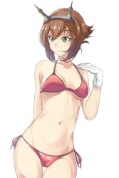 Rule 34 | 10s, 1girl, arms behind back, bikini, breasts, brown hair, collarbone, commentary request, eyebrows, gloves, green eyes, hair between eyes, headgear, highres, kantai collection, medium breasts, mutsu (kancolle), navel, red bikini, short hair, side-tie bikini bottom, simple background, solo, strap gap, swimsuit, thigh gap, white gloves, yoxtut