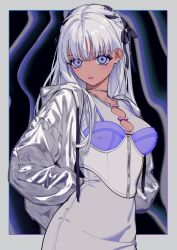 Rule 34 | 1girl, aburage (motimotigg20), black ribbon, blue eyes, bodice, braid, breasts, closed mouth, corset, dark-skinned female, dark skin, drawstring, dress, grey dress, hair ribbon, hands on own hips, highres, hood, hood down, hooded jacket, jacket, jewelry, long hair, looking at viewer, necklace, open clothes, open jacket, original, reflective clothes, ribbon, small breasts, solo, white hair, white jacket, zipper