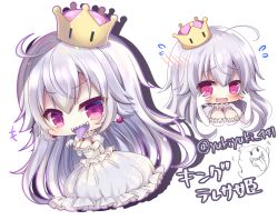 Rule 34 | +++, 1girl, :d, @ @, blush, breasts, chibi, cleavage, commentary request, crown, dress, elbow gloves, fangs, flying sweatdrops, gloves, king boo, large breasts, long hair, luigi&#039;s mansion, mario (series), mini crown, new super mario bros. u deluxe, nintendo, open mouth, princess king boo, puffy short sleeves, puffy sleeves, purple eyes, purple tongue, sharp teeth, short sleeves, silver hair, simple background, smile, super crown, teeth, tongue, tongue out, translation request, twitter username, very long hair, wavy mouth, white background, white dress, white gloves, yukiyuki 441