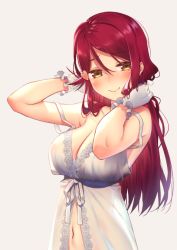 Rule 34 | 1girl, babydoll, breasts, cleavage, closed mouth, commentary request, gloves, hair ornament, hairclip, half updo, large breasts, long hair, love live!, love live! sunshine!!, nagareboshi, red hair, sakurauchi riko, simple background, solo, white gloves, yellow eyes