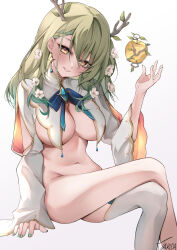 Rule 34 | 1girl, antlers, apple, blush, bottomless, braid, braided bangs, branch, breast curtains, breasts, ceres fauna, flower, food, fruit, golden apple, green hair, hair between eyes, hair flower, hair ornament, highres, hololive, hololive english, horns, large breasts, long hair, looking at viewer, mole, mole under eye, multicolored hair, navel, no bra, smile, solo, streaked hair, takida 185, thighhighs, thighs, virtual youtuber, yellow eyes