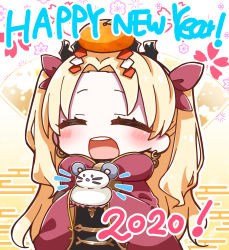 Rule 34 | 1girl, 2020, :d, ^ ^, blonde hair, blush, cloak, closed eyes, commentary request, earrings, egasumi, ereshkigal (fate), facing viewer, fate/grand order, fate (series), floral background, food, food on head, fruit, hair ribbon, happy new year, highres, holding, hood, hood down, hooded cloak, infinity symbol, jako (jakoo21), jewelry, long hair, mandarin orange, new year, object on head, open mouth, parted bangs, red cloak, red ribbon, ribbon, round teeth, smile, solo, teeth, tiara, two side up, upper teeth only, very long hair