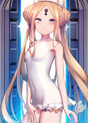 Rule 34 | 1girl, abigail williams (fate), abigail williams (swimsuit foreigner) (fate), abigail williams (swimsuit foreigner) (second ascension) (fate), backlighting, bare arms, bare shoulders, beni shake, blonde hair, blue eyes, blush, braid, breasts, casual one-piece swimsuit, closed mouth, commentary request, covered navel, double bun, fate/grand order, fate (series), hair bun, hat, keyhole, long hair, looking at viewer, one-piece swimsuit, parted bangs, signature, small breasts, smile, solo, swimsuit, twintails, very long hair, white hat, white one-piece swimsuit