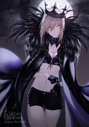 Rule 34 | 1girl, artoria pendragon (fate), black gloves, black skirt, blonde hair, breasts, bustier, character name, cleavage, cloak, commentary request, crown, fate/grand order, fate (series), feather trim, full moon, gloves, hair between eyes, long hair, looking at viewer, march ab, miniskirt, moon, navel, night, night sky, pulling, saber (fate), saber alter, side slit, skirt, sky, small breasts, solo, twitter username, upper body, yellow eyes