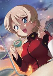 Rule 34 | 10s, 1girl, :d, bad id, bad twitter id, blonde hair, blue eyes, blurry, blurry background, blurry foreground, braid, building, cloud, cloudy sky, commentary request, cup, darjeeling (girls und panzer), depth of field, dutch angle, epaulettes, girls und panzer, holding, jacket, kanau, light, long sleeves, military, military uniform, night, night sky, open mouth, outdoors, pointing, pointing up, red jacket, saucer, short hair, sitting, sky, smile, solo, st. gloriana&#039;s military uniform, table, teacup, tiered tray, twilight, twin braids, uniform