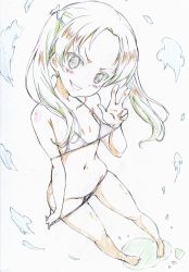 Rule 34 | 10s, 1girl, absurdres, barefoot, bikini, bikini pull, bow, clothes pull, colored pencil (medium), commentary, full body, girls und panzer, grin, hair bow, head tilt, highres, kadotani anzu, kitazinger, long hair, looking at viewer, micro bikini, navel, parted bangs, partially colored, pulled by self, red bikini, smile, solo, standing, swimsuit, traditional media, twintails, v-shaped eyebrows, w
