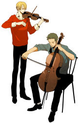 Rule 34 | 2boys, blonde hair, bow (music), cello, contemporary, dress shirt, earrings, facial hair, goatee, green hair, hair over one eye, highres, hy, instrument, jewelry, looking down, male focus, multiple boys, music, necktie, one piece, playing instrument, roronoa zoro, sanji (one piece), shirt, short hair, sitting, standing, sweater, violin, white background