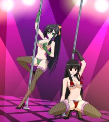 Rule 34 | 2girls, absurdres, bikini, black hair, breasts, green bikini, highres, hime cut, jimryu, kore wa zombie desu ka?, large breasts, long hair, mind control, multiple girls, ponytail, red bikini, sarasvati (kore wa zombie desu ka?), seraphim (korezom), swimsuit