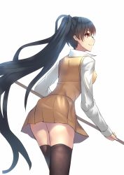Rule 34 | 1girl, black hair, black thighhighs, long hair, original, pleated skirt, ponytail, red eyes, simple background, skirt, smile, solo, thighhighs, tianlluo, white background