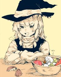Rule 34 | 1girl, black vest, bowl, commentary request, crossed arms, frilled headwear, hair ribbon, hakurou hokuto, hat, hatching (texture), highres, kirisame marisa, limited palette, long hair, long sleeves, mushroom, open mouth, puff of air, ribbon, shirt, smile, solo, touhou, translation request, tress ribbon, turtleneck, upper body, vest, witch hat, yellow background