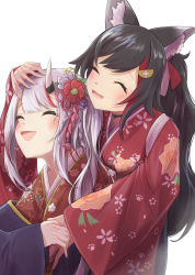 Rule 34 | 2girls, :d, ^ ^, absurdres, animal ear fluff, animal ears, black hair, blush, closed eyes, floral print, flower, hair flower, hair ornament, hand on another&#039;s head, highres, hilamaru, hololive, horns, hug, hug from behind, japanese clothes, kanzashi, kimono, multicolored hair, multiple girls, nakiri ayame, nakiri ayame (new year), oni, ookami mio, ookami mio (new year), open mouth, print kimono, red kimono, silver hair, simple background, skin-covered horns, smile, streaked hair, upper body, virtual youtuber, white background, wolf ears, wolf girl, |d